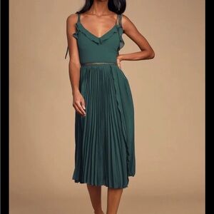 Lulu's Teal Ruffle-Strap Pleated Midi Dress L